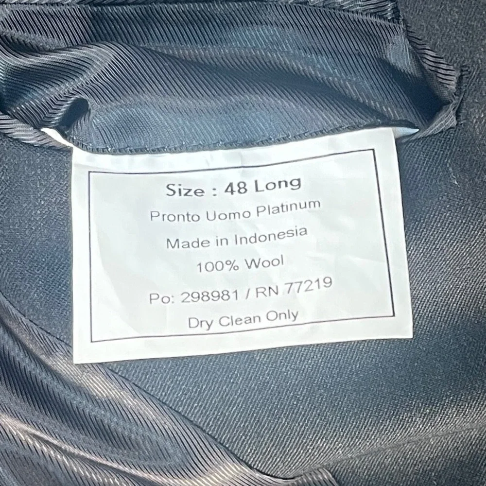 Pronto Uomo Platinum Suit Mens 48L 44W Gray 100% Wool 2-Piece Professional